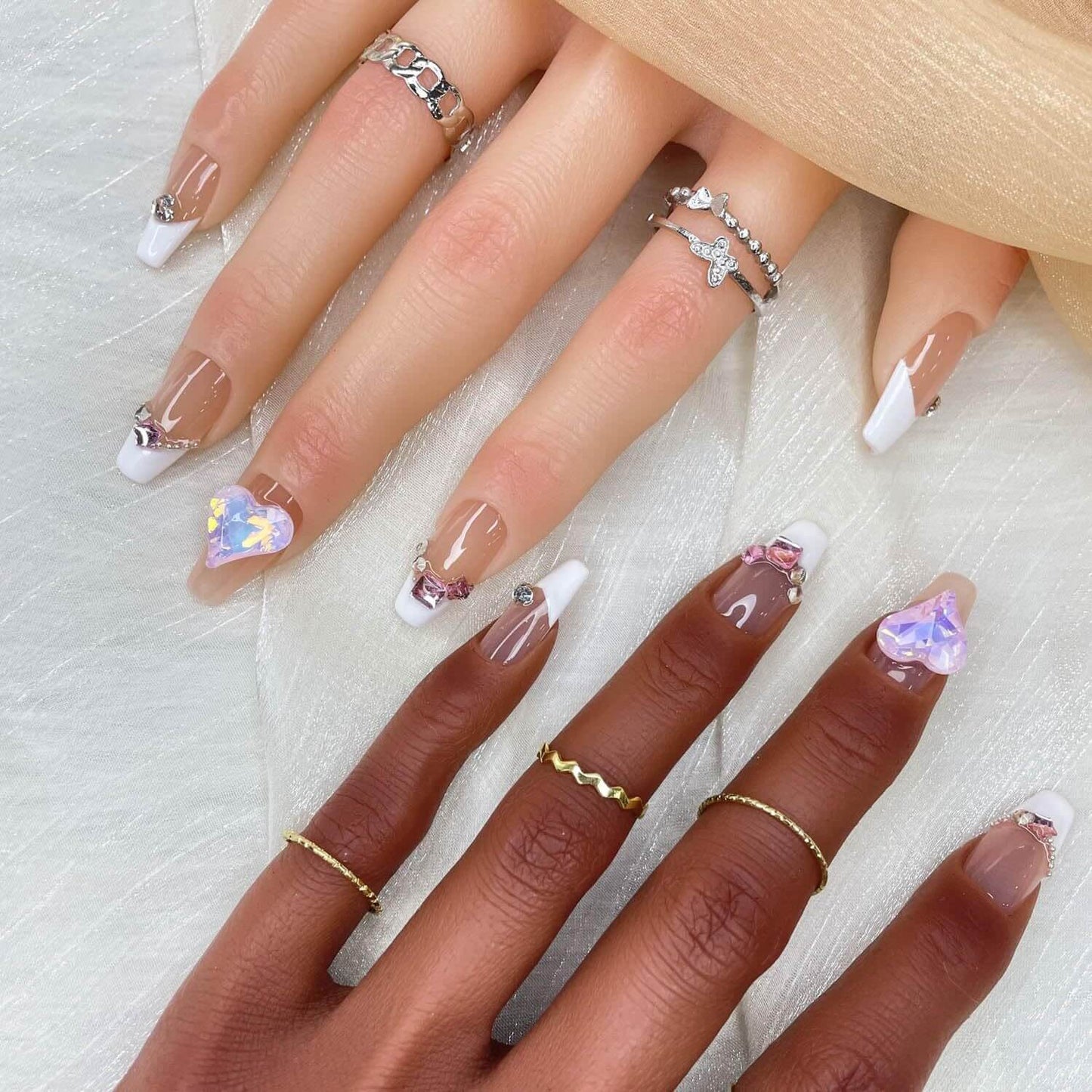 GGDDSHA 10pcs Press On Nails Long CoffinFake Nails Fashion Rhinestone Design Art Charmsfor Women Handmade Nail Art Manicure Gradient,Luxe Amour