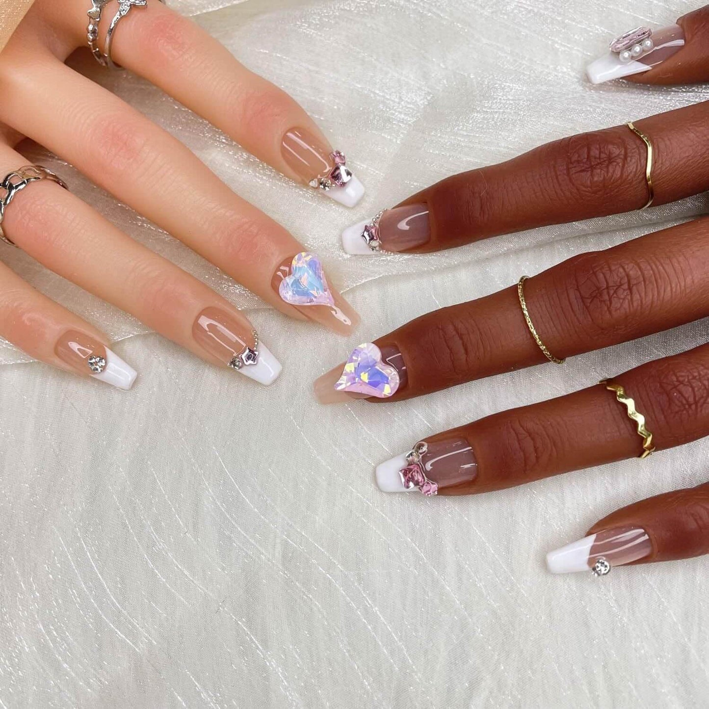 GGDDSHA 10pcs Press On Nails Long CoffinFake Nails Fashion Rhinestone Design Art Charmsfor Women Handmade Nail Art Manicure Gradient,Luxe Amour